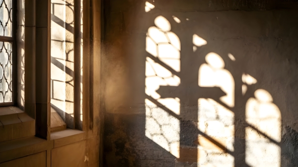 Sunlight through church window forming a cross – Great for worship background visuals, abstract religion, or interior stone textures.